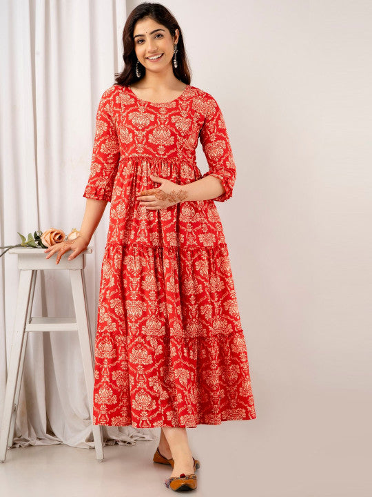VARICOS Ethnic Motifs Printed Tiered Maternity Fit and Flare Midi Ethnic Dress