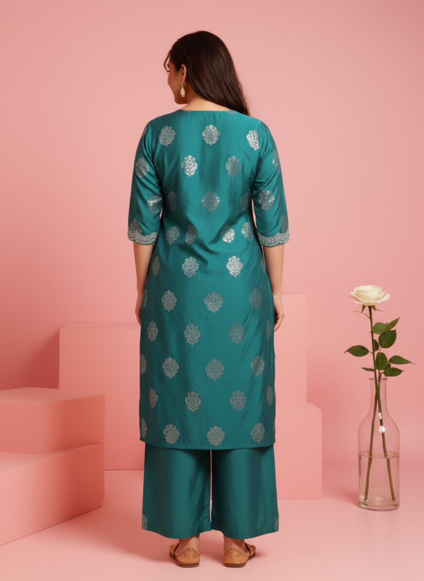 Embroidered Roman silk Gold foil Straight Green Kurta