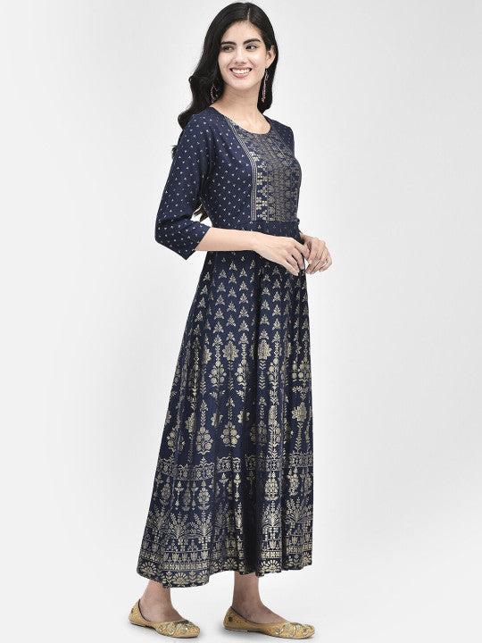 Span Women Ethnic Printed Round Neck Three-quarter Sleeve Maxi Ethnic Dress