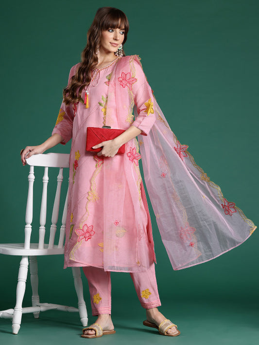 Indo Era Floral Embroidered Sequinned Kurta with Trousers & Dupatta