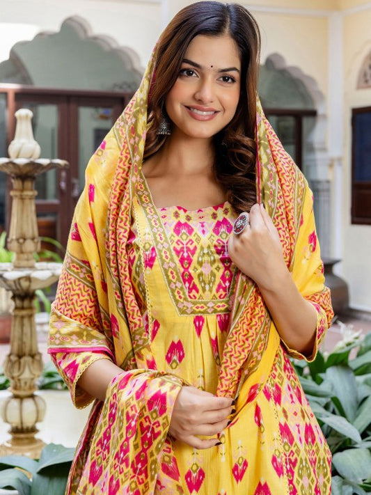 Indo Era Women Printed Panelled Sequinned Pure Cotton Kurta with Trousers & With Dupatta
