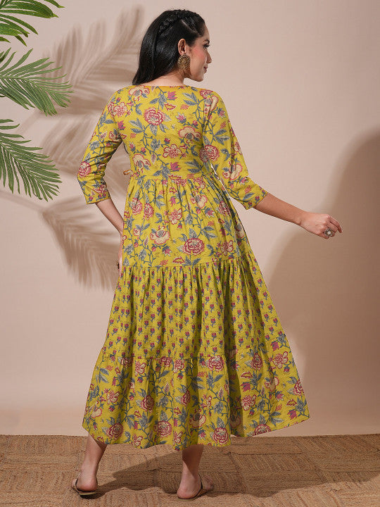 Globus Floral Printed Abla Work Waist Tie-Up Detailing A-Line Tiered Midi Workwear Dress
