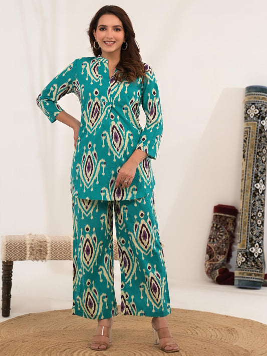 Curved Style Cotton Fabric Sea Green Color Co-ord (Set of 2)