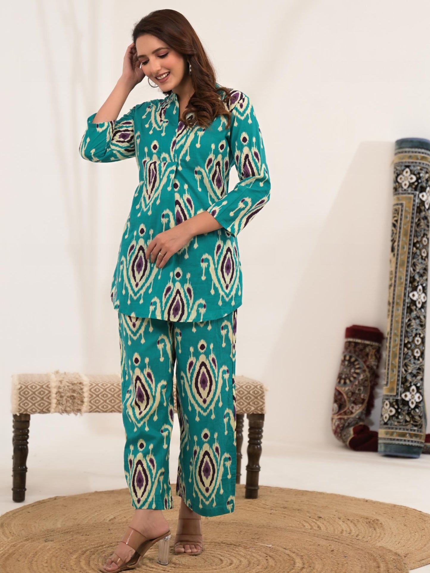 Curved Style Cotton Fabric Sea Green Color Co-ord (Set of 2)