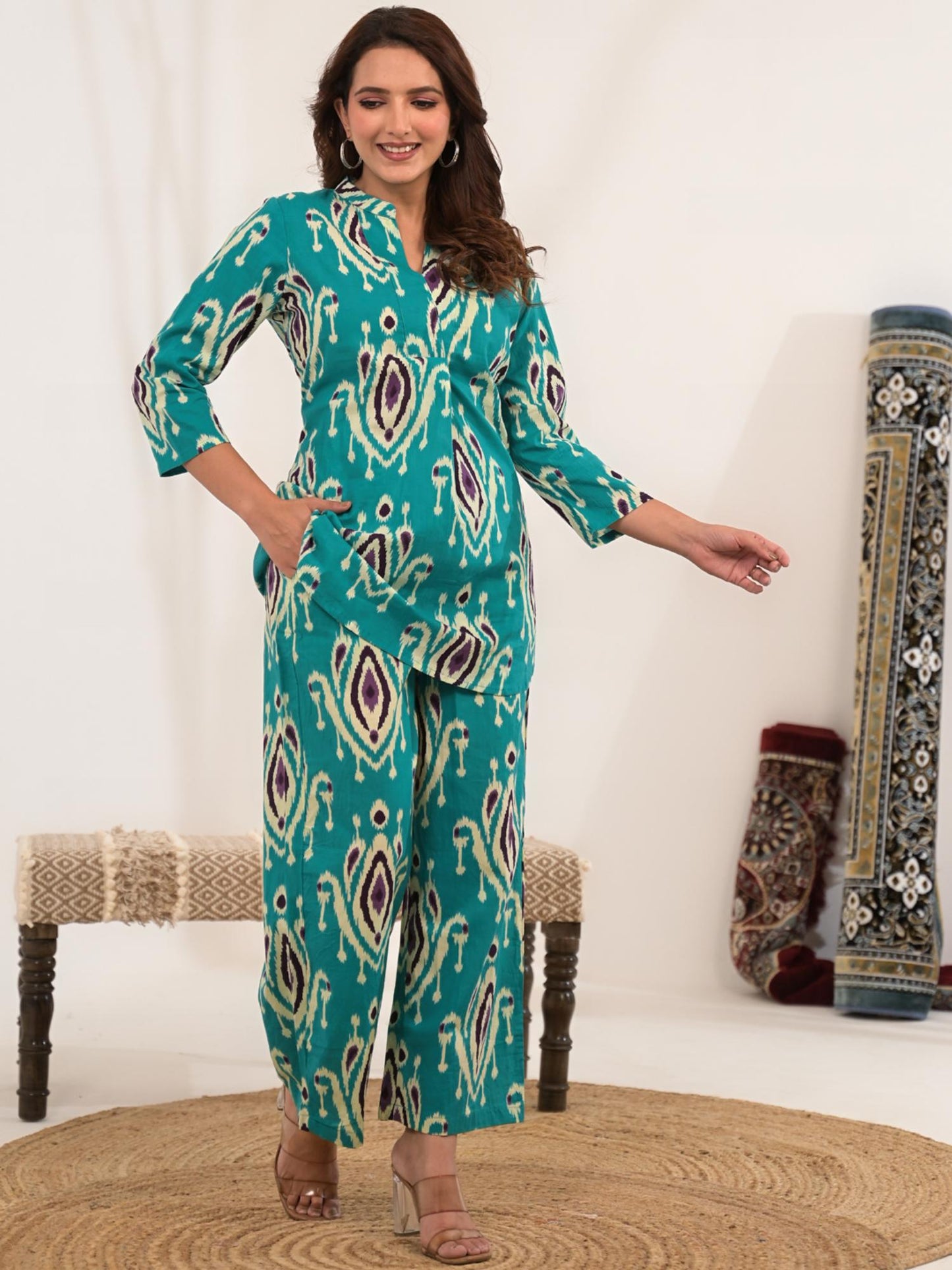 Curved Style Cotton Fabric Sea Green Color Co-ord (Set of 2)