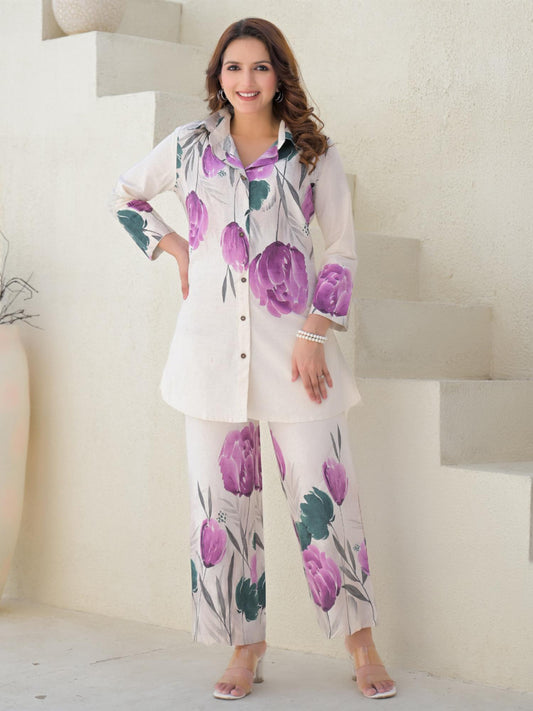 Curved Style Cotton Flex Fabric Off White Co-ord (Set of 2)