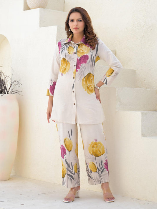 Curved Style Cotton Flex Fabric Off White Co-ord (Set of 2)