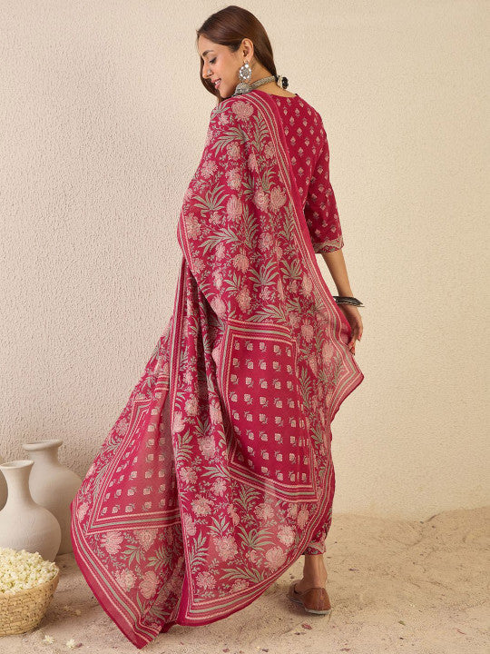 Indo Era Women Floral Printed Regular V-Neck Kurta with Salwar & Dupatta