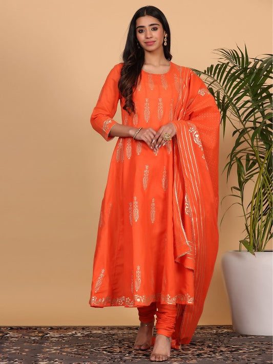 Floral Printed Pure Cotton Anarkali Kurta with Churidar & Dupatta