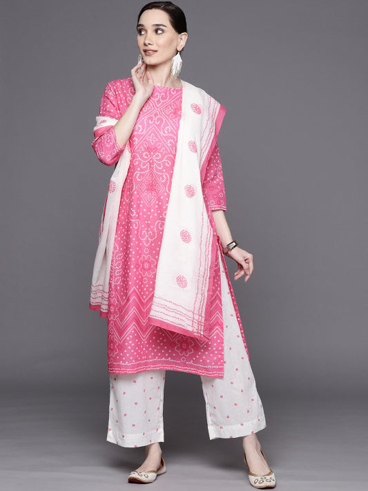Biba Women Pink & White Bandhani Print Pure Cotton Kurta with Palazzos & Dupatta