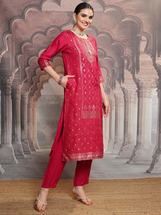 Vishudh Red Ethnic Motifs Printed Pure Cotton Straight Kurta With Trousers & Dupatta