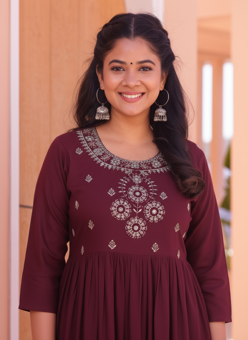 Embroidered Viscose Solid Flared Wine Kurta
