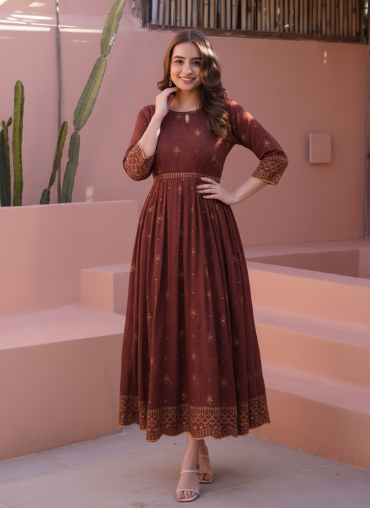 Soft Cotton Ikat A-line Black Kurta