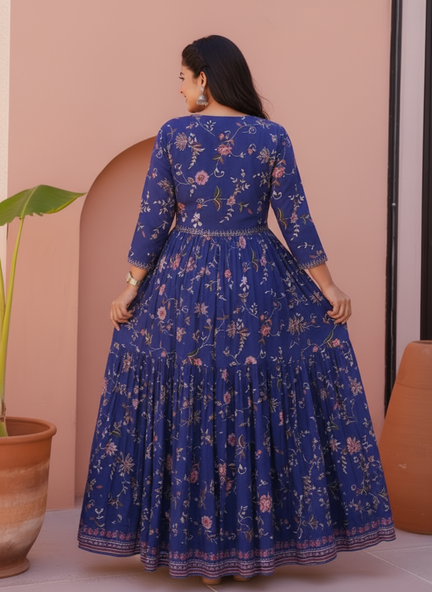 Viscose Floral Anarkali Blue Dress