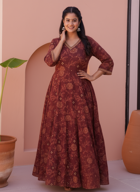 Viscose Floral Anarkali Maroon Dress