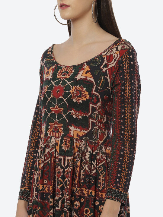 Biba Black & Red Cotton Ethnic Motifs Ethnic Midi Dress