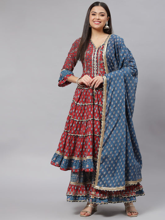 Divena Women Maroon Floral Printed Gotta Patti Anarkali Kurta with Sharara & With Dupatta