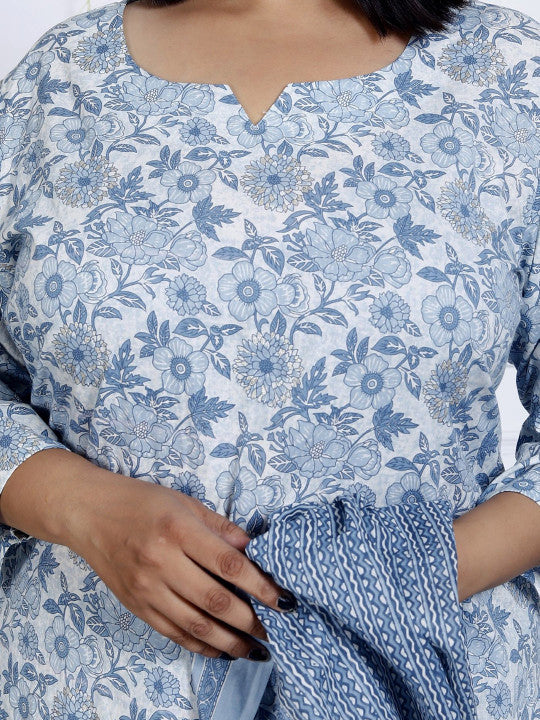 Swasti Women Floral Printed Regular Sequinned Pure Cotton Kurta with Trousers & With Dupatta