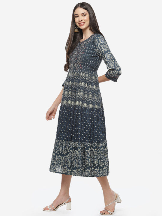 Biba Navy Blue Ethnic Motifs Ethnic A-Line Midi Dress