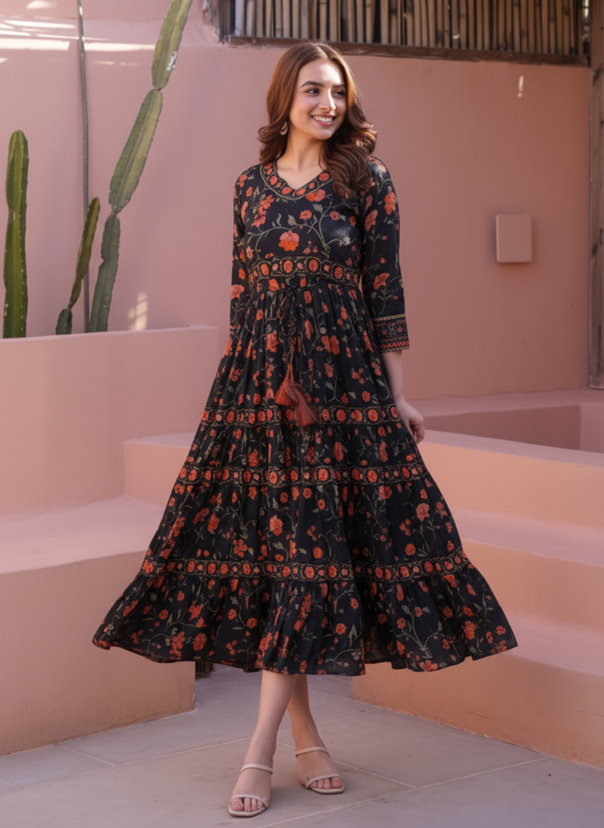 Viscose Floral Anarkali Maroon Dress
