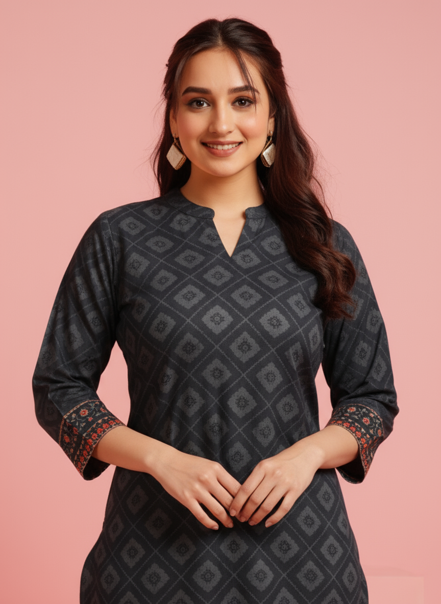 Soft Cotton Floral Straight Black Kurta