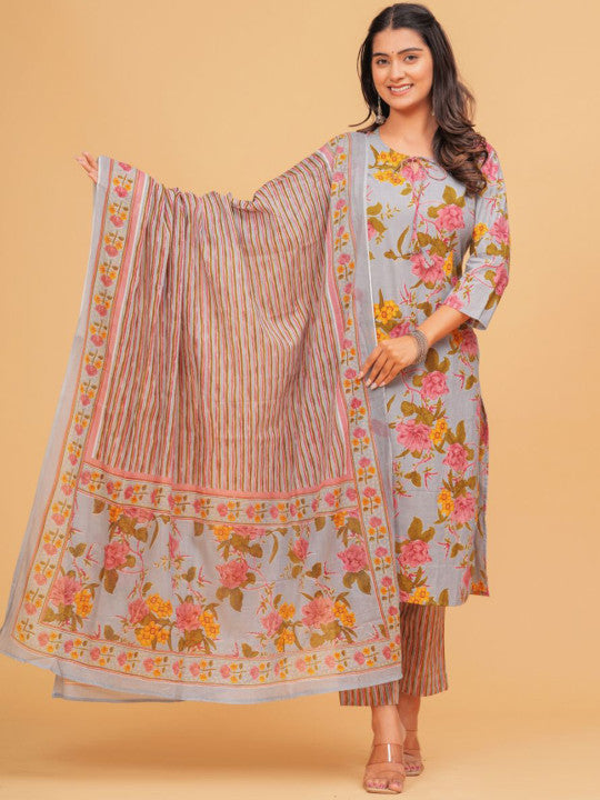 TANISHA Floral Printed Tie-Up Neck Three-Quarter Sleeves Regular Kurta & Trouser & Dupatta