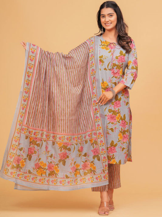 TANISHA Floral Printed Tie-Up Neck Three-Quarter Sleeves Regular Kurta & Trouser & Dupatta