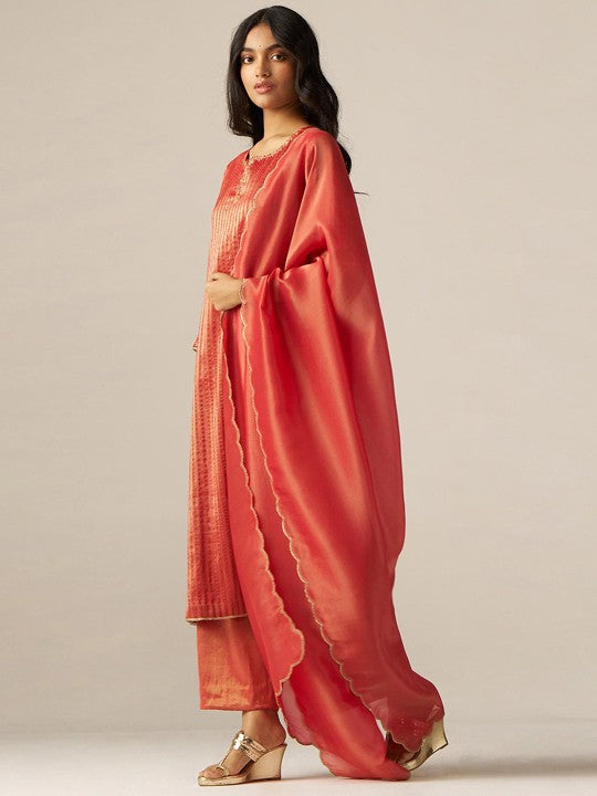 Ganga Striped Woven Design Notch Neck Tissue Straight Kurta