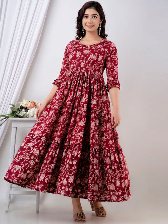 Henal Floral Printed Gathered Tiered Cotton Maternity Ethnic Dress