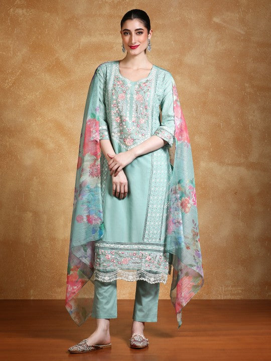 Varanga Floral Embroidered Thread Work Pure Cotton Straight Kurta With Trousers & Dupa