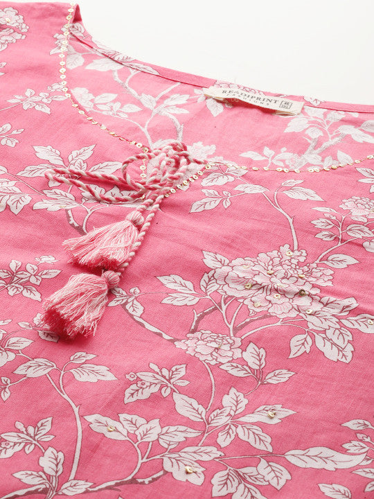 Floral Printed Sequinned Pure Cotton Kurta Set