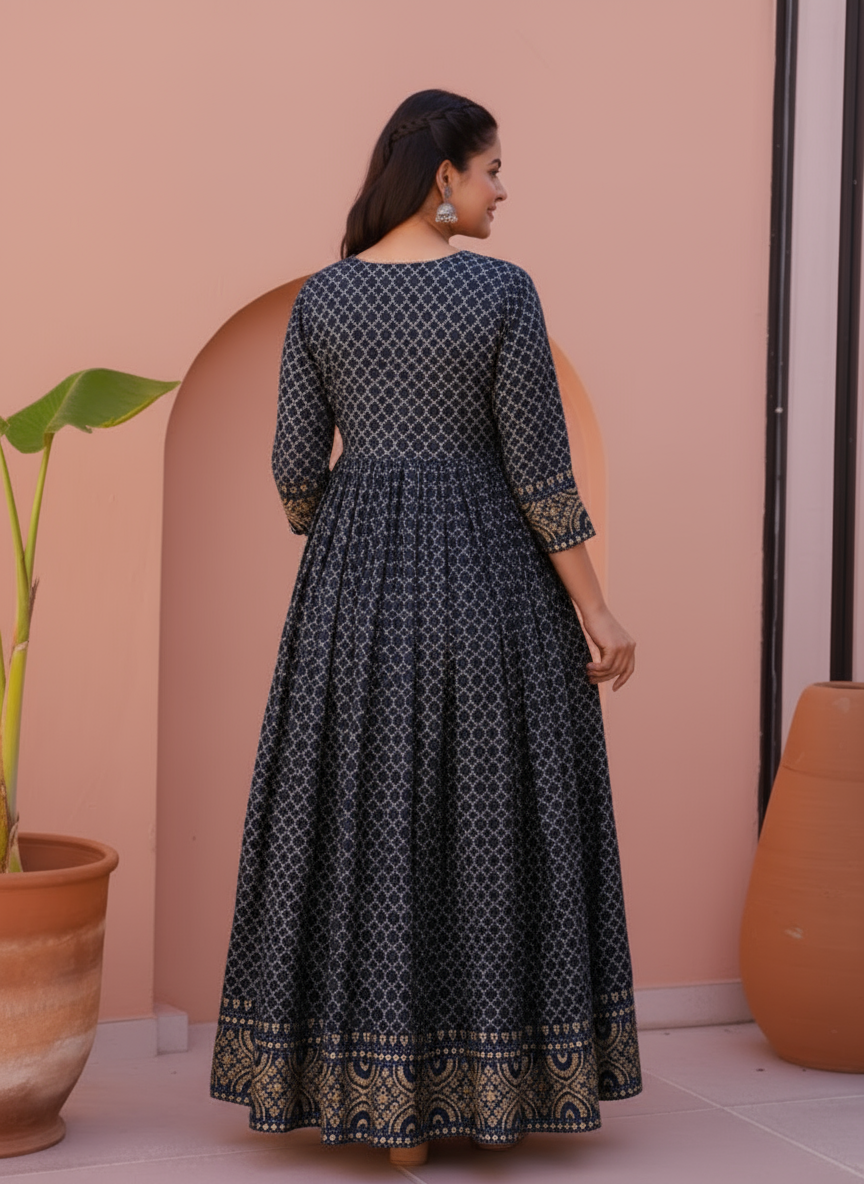 Viscose Gold foil Anarkali Blue Dress