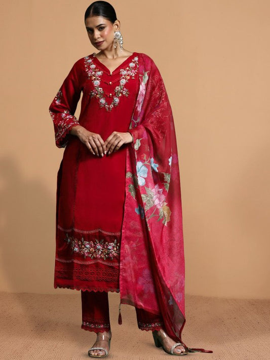 House of Pataudi Embroidered 100% Cotton Straight Kurta & Trousers With Dupatta