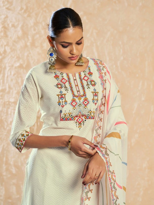 CHHAAP Women Floral Embroidered Mirror Work Pure Cotton Kurta with Trousers & Dupatta