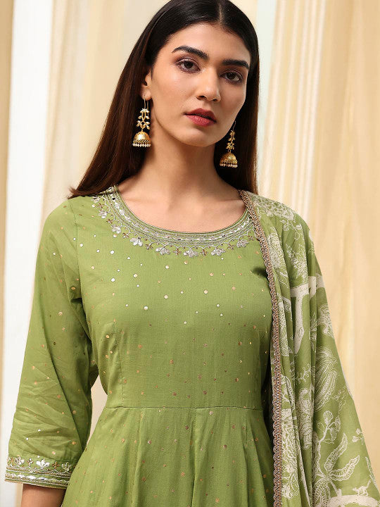 Biba Women Floral Printed Regular Beads and Stones Pure Cotton Kurta with Palazzos & With Dupatta