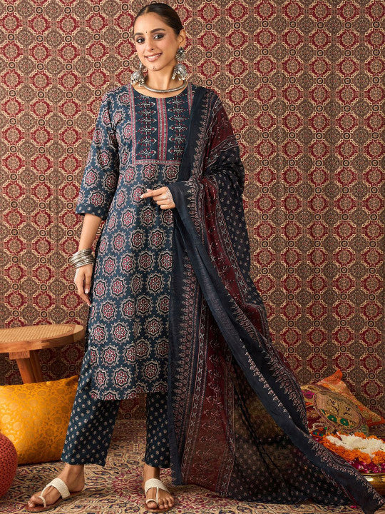 Indo Era Women Floral Printed Regular Pure Cotton Kurta with Trousers & Dupatta Kurta Sets