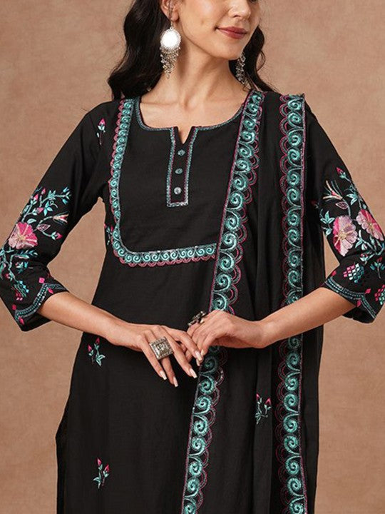 FASHOR Floral Embroidered Pure Cotton Straight Kurta With Trousers & Dupatta