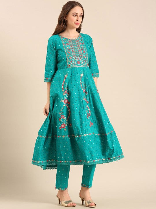 Anouk Women Floral Embroidered Regular Thread Work Pure Cotton Kurta with Trousers & With Dupatta