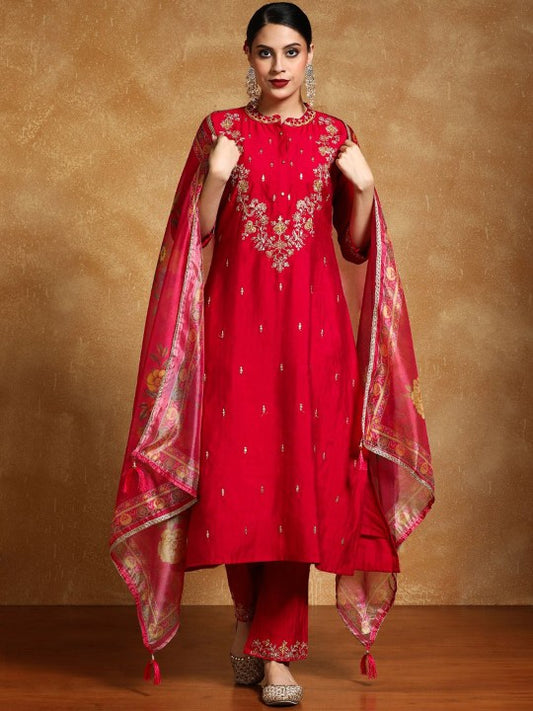 House of Pataudi Floral Embroidered Mandarin Collar Kurta