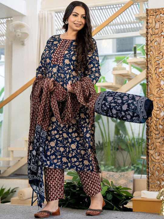 Yufta Floral Printed Round Neck Regular Pure Cotton Straight Kurta & Trouser With Dupatta