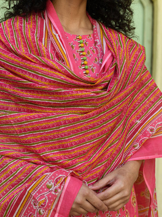 Floral Printed Pure Cotton Straight Kurta With Palazzos & Dupatta
