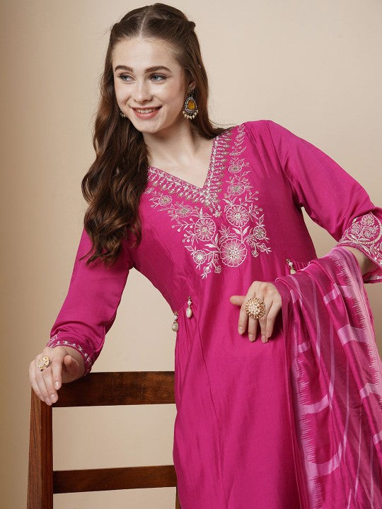 FASHOR Floral Yoke Design V-Neck Pleated Sequinned A-Line Kurta