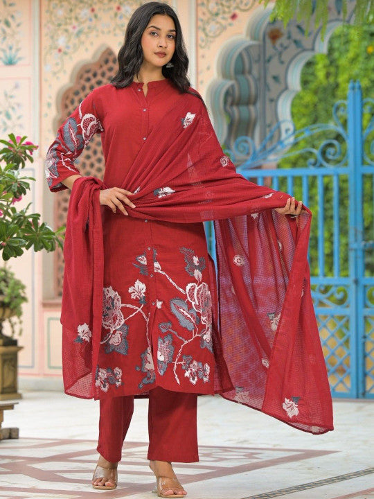 AUTUMN LANE Women Floral Printed Regular Pure Cotton Kurta with Trousers & Dupatta
