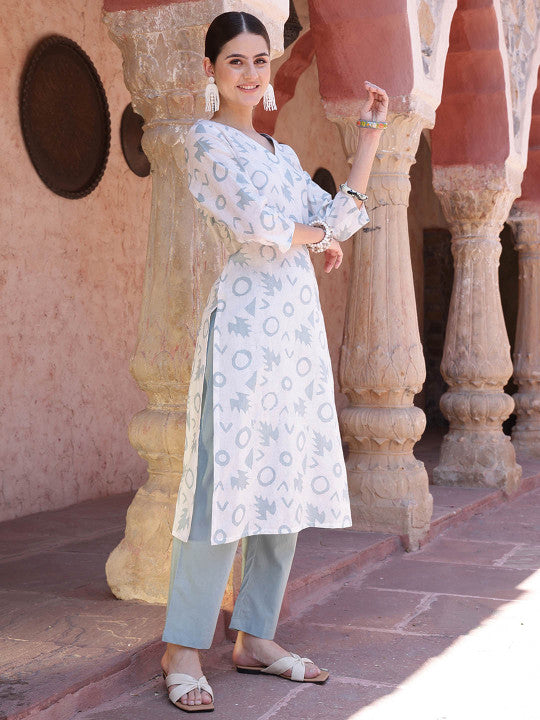 Taavi Geometric Printed Pure Cotton Batik Kurta with Trouser & Dupatta