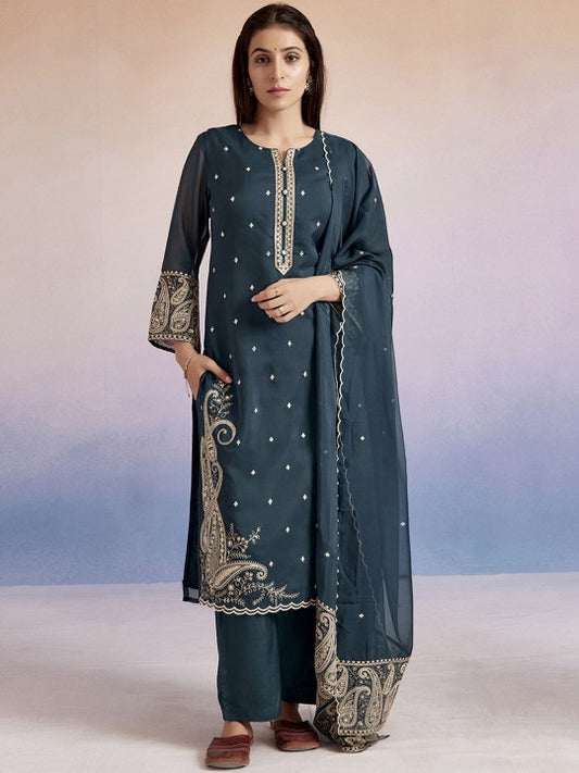 Jaipur Kurti Paisley Embroidered Round Neck Straight Kurta With Palazzos & Dupatta
