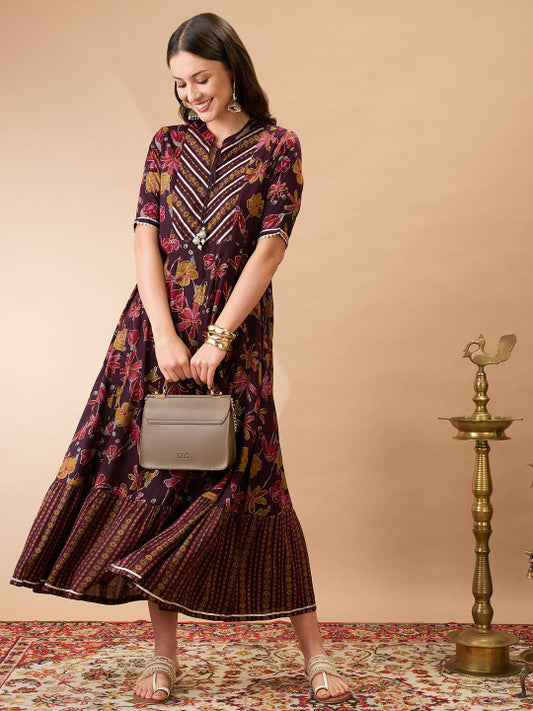 Globus Floral Print Mandarin Collar Gota Lace Yoke Flared Hem A-Line Maxi Dress