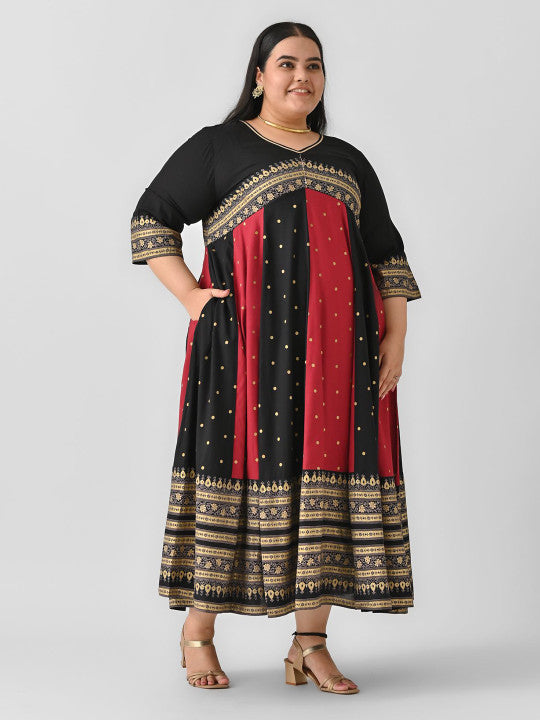 Plus Size Ethnic Motifs Fit & Flare Midi Ethnic Dress