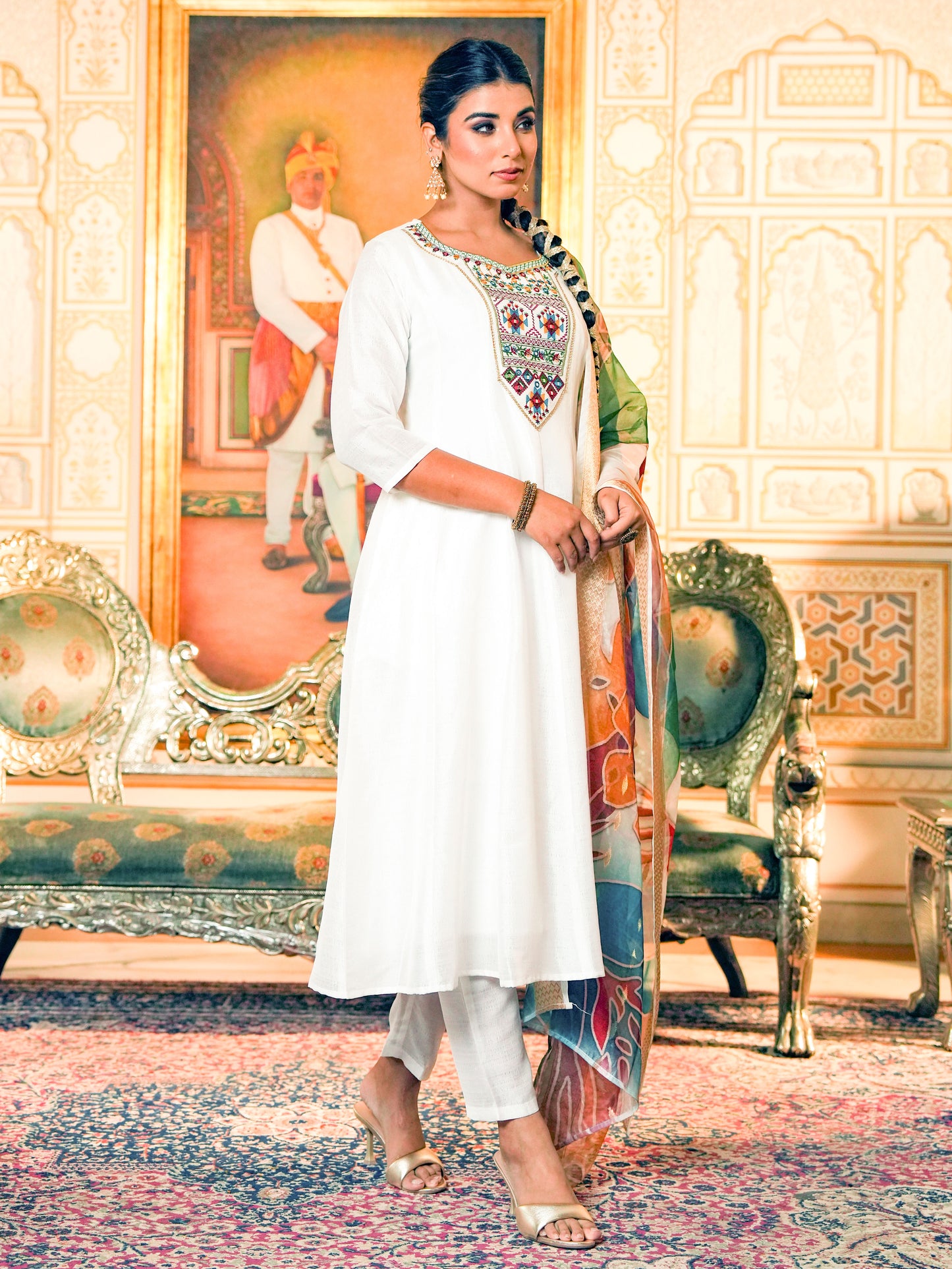 Embroidered Blended Silk Solid Straight White Kurta