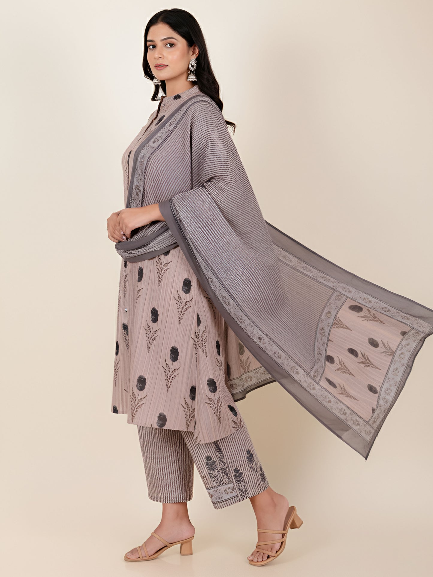 Soft Cotton Floral A-line Grey Kurta