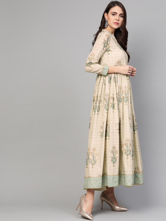 Idalia Women Beige & Golden Printed Maxi Dress